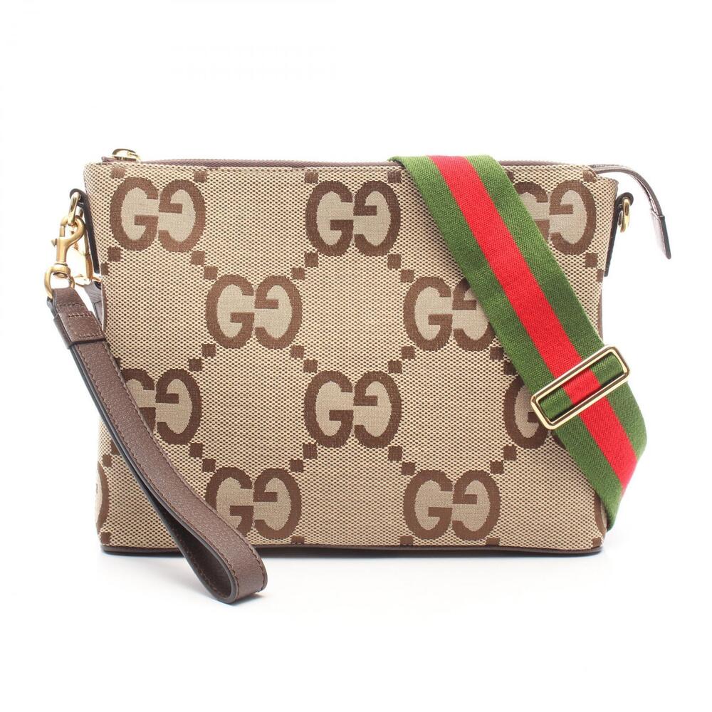 Gucci Jumbo GG Messenger Bag Shoulder Canvas Leather Beige Cream Brown